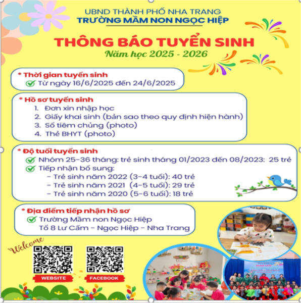TRƯỜNG MẦM NON NGỌC HIỆP THÔNG BÁO TUYỂN SINH, NĂM HỌC 2025 - 2026
